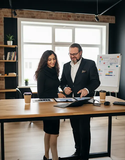 Webagentur-Inhaber Inas und Thorsten Schulz bei einer Webdesign-Planung